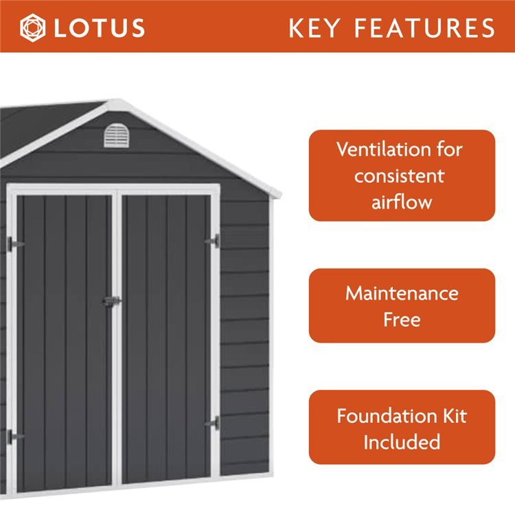 Lotus Sono Apex Plastic Garden Storage Shed Including Foundation Kit Grey